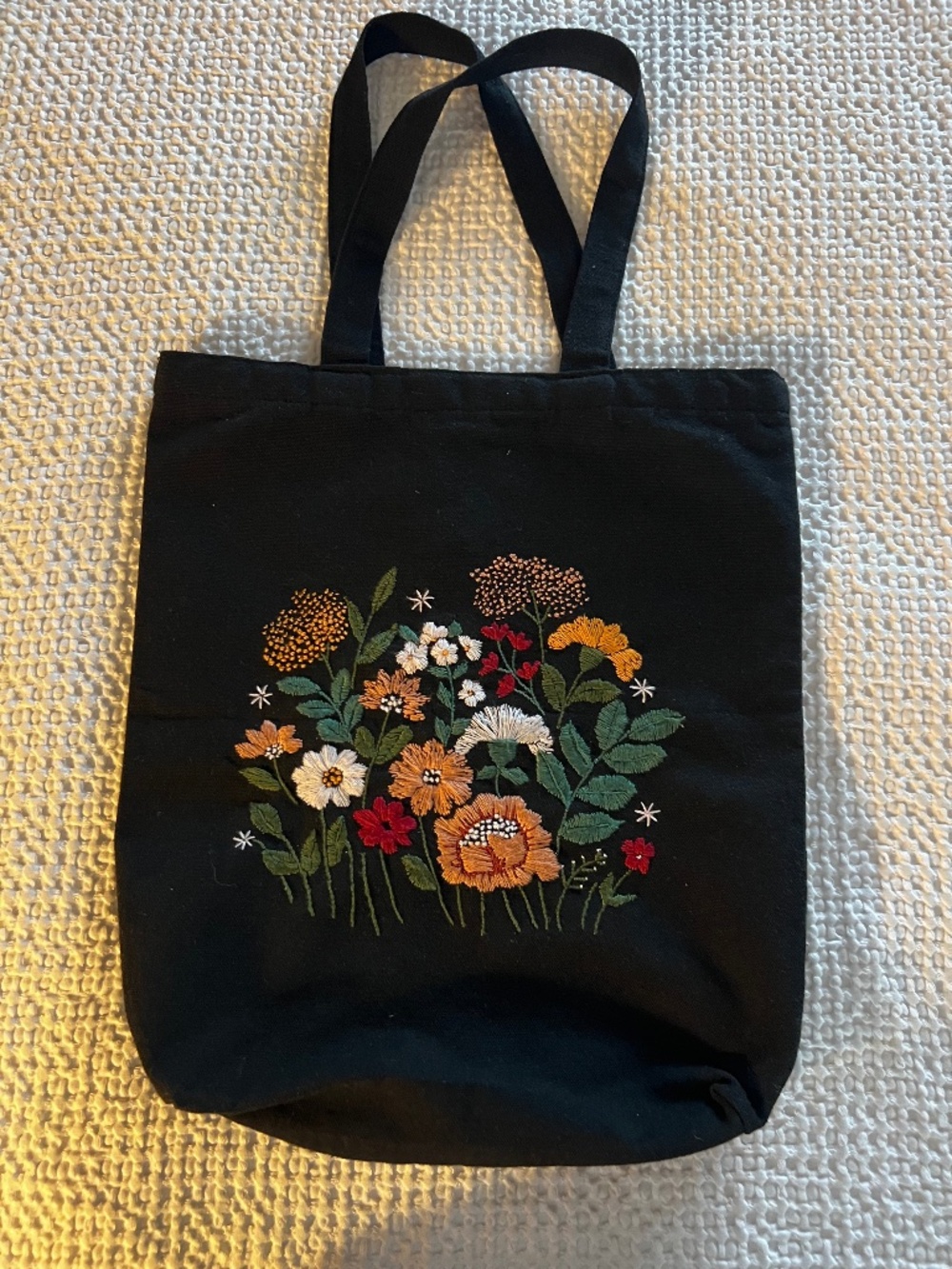 Black Tote Bag Shop Fall Cottagecore Floral Embroidery Hand Crafted-13” by 15”